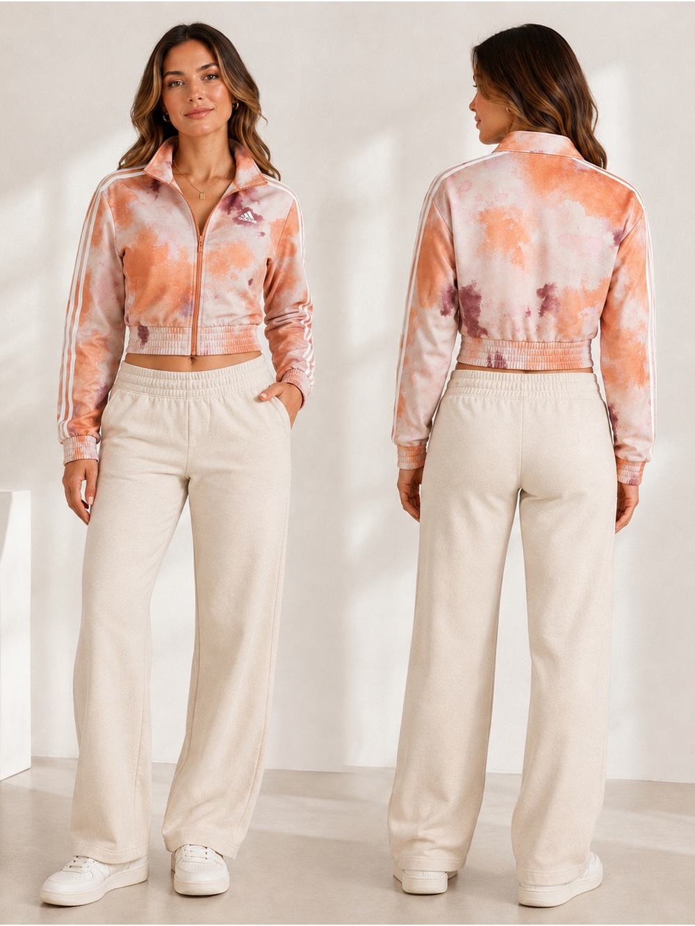 adidas Peach and Cream Tie-Dye Cropped Track Jacket